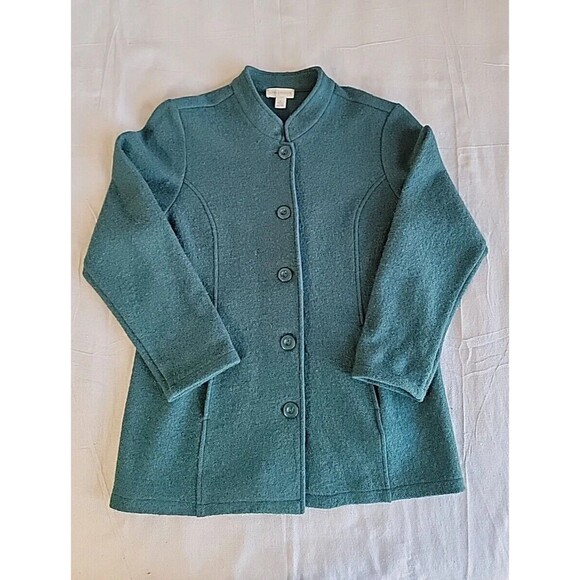 Appleseeds Wool Coat Womans L Dark Green Button Business Casual City Jacket EUC - Picture 1 of 11